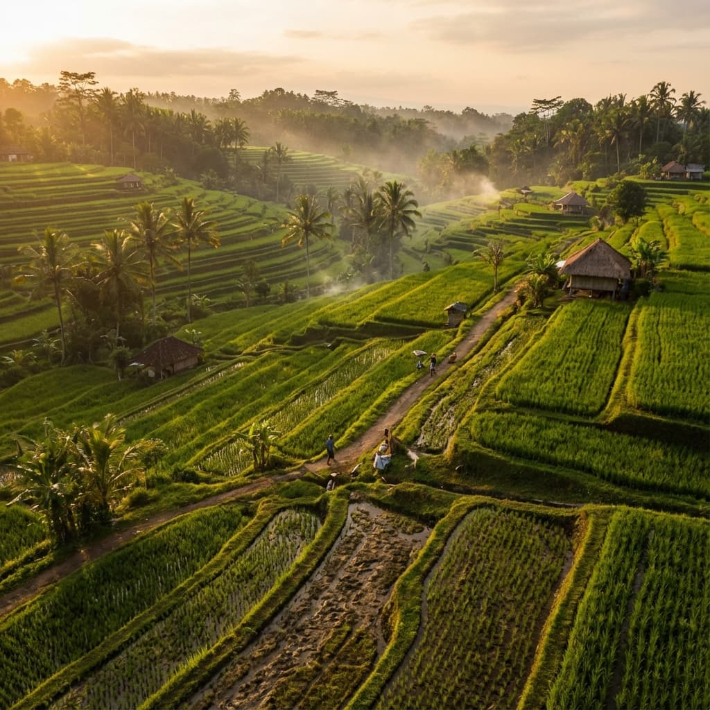 Lush green Indonesian rice terraces at golden hour
